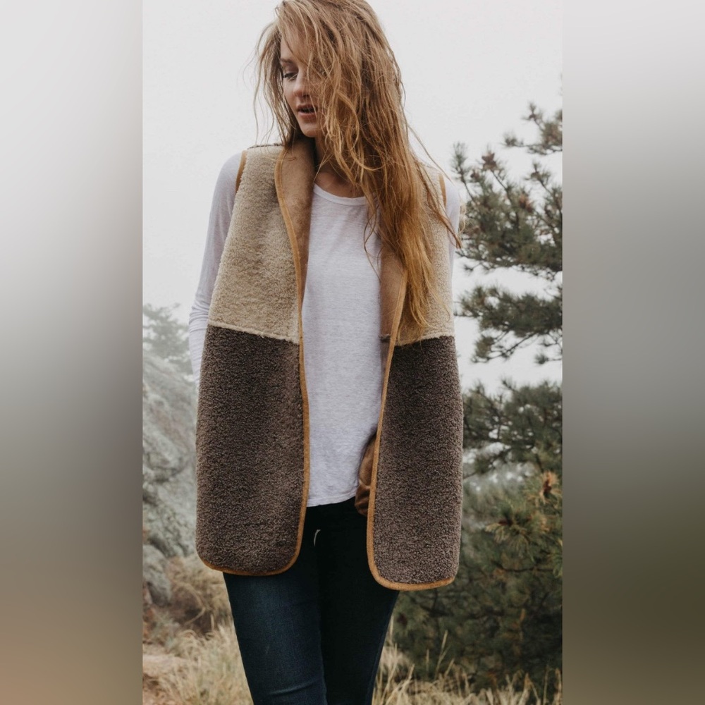 Velvet by Graham & Spencer Two-Tone Shearling Vest in Tan and Brown